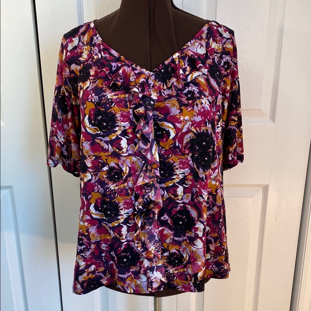 2 for $25 - Style & Co. Lined Ruffle Floral Blouse, Raglan Sleeves, 1X Plus